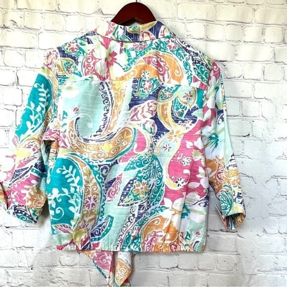 CHICO'S Top Floral Button Up Tie Front 3/4 Sleeve 100% Cotton - Picture 6 of 10